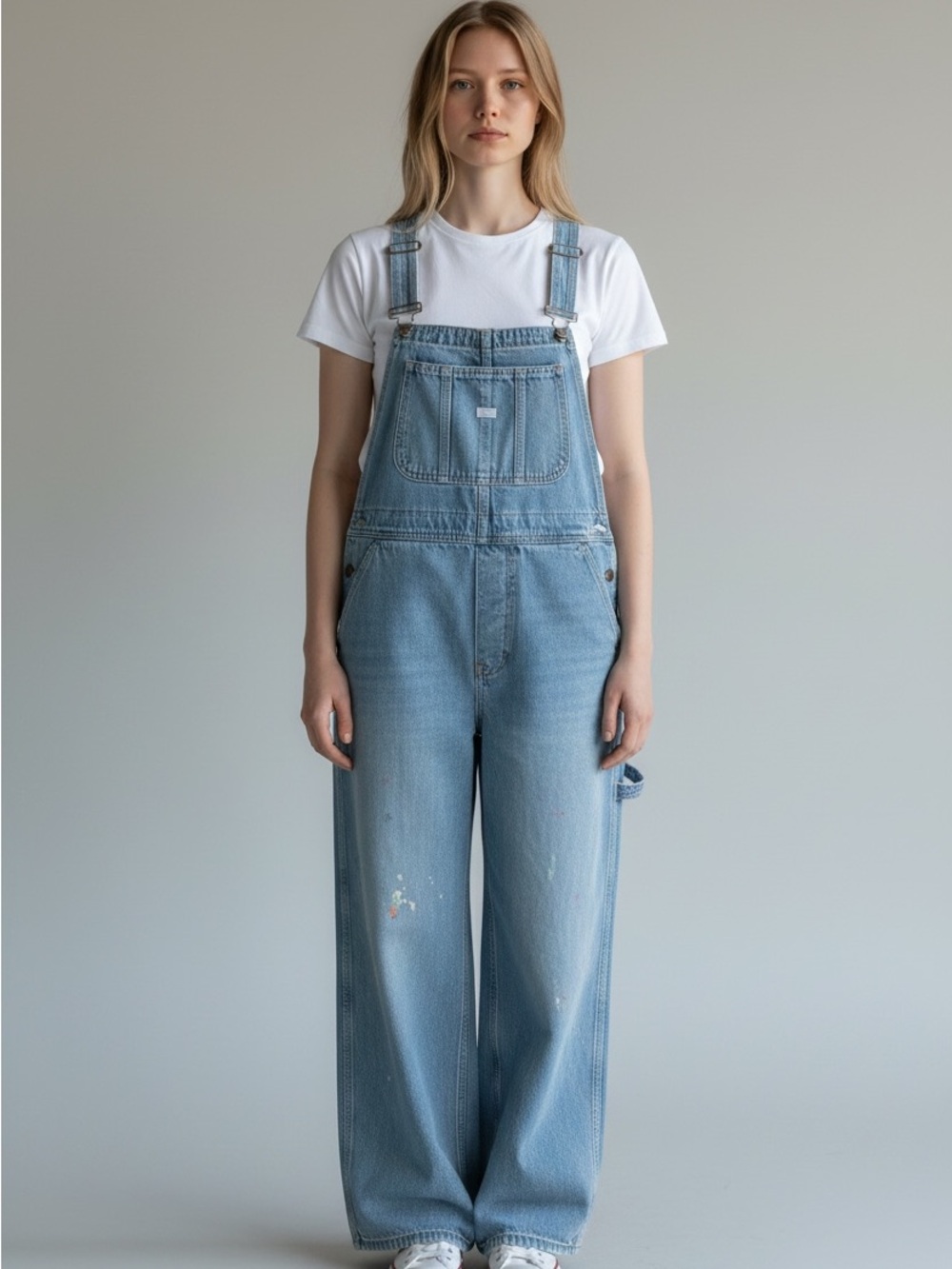 Mango Light Blue Denim Overalls with paint details